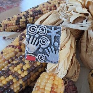 Native American Navajo Sterling & Coral Petroglyph Ring By Alex Sanchez ❤️🎁🩶